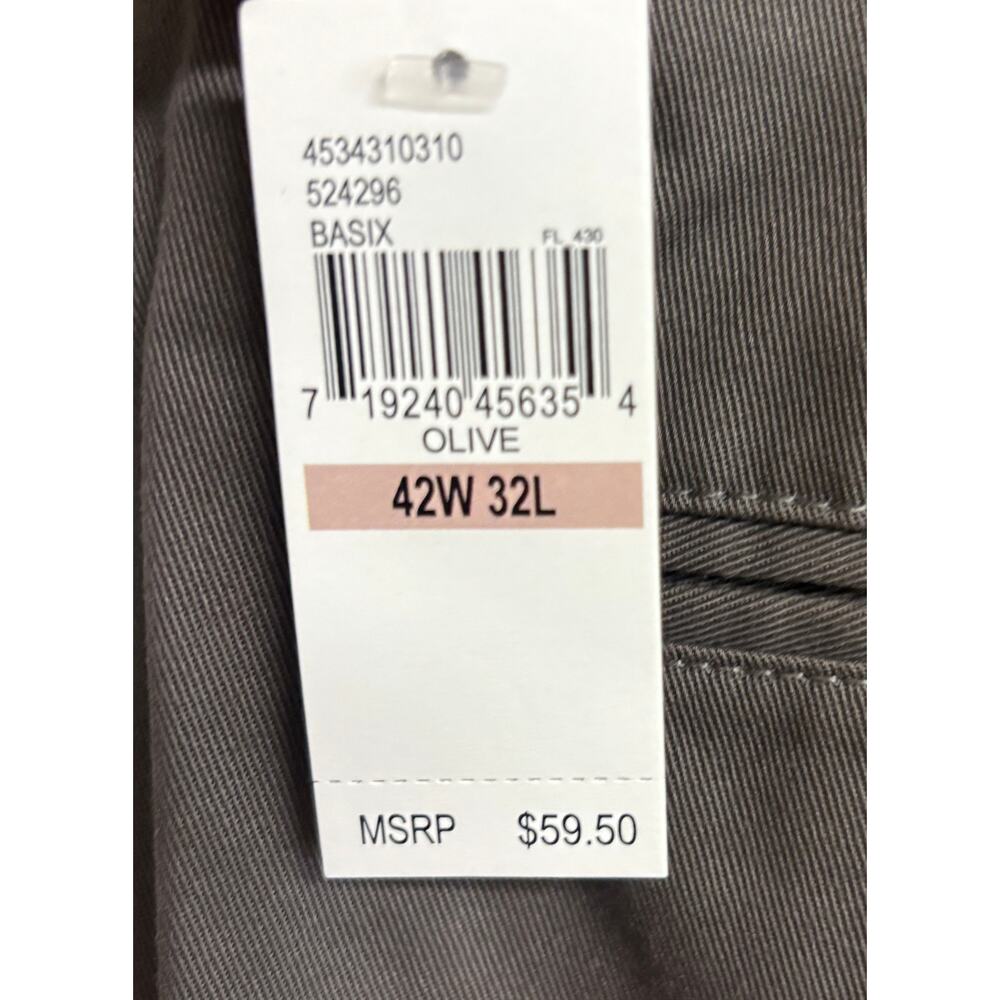 Izod Mens Chino Pants 42x32 Olive Straight Flat Front Non Iron Cotton NWt New - Picture 8 of 10